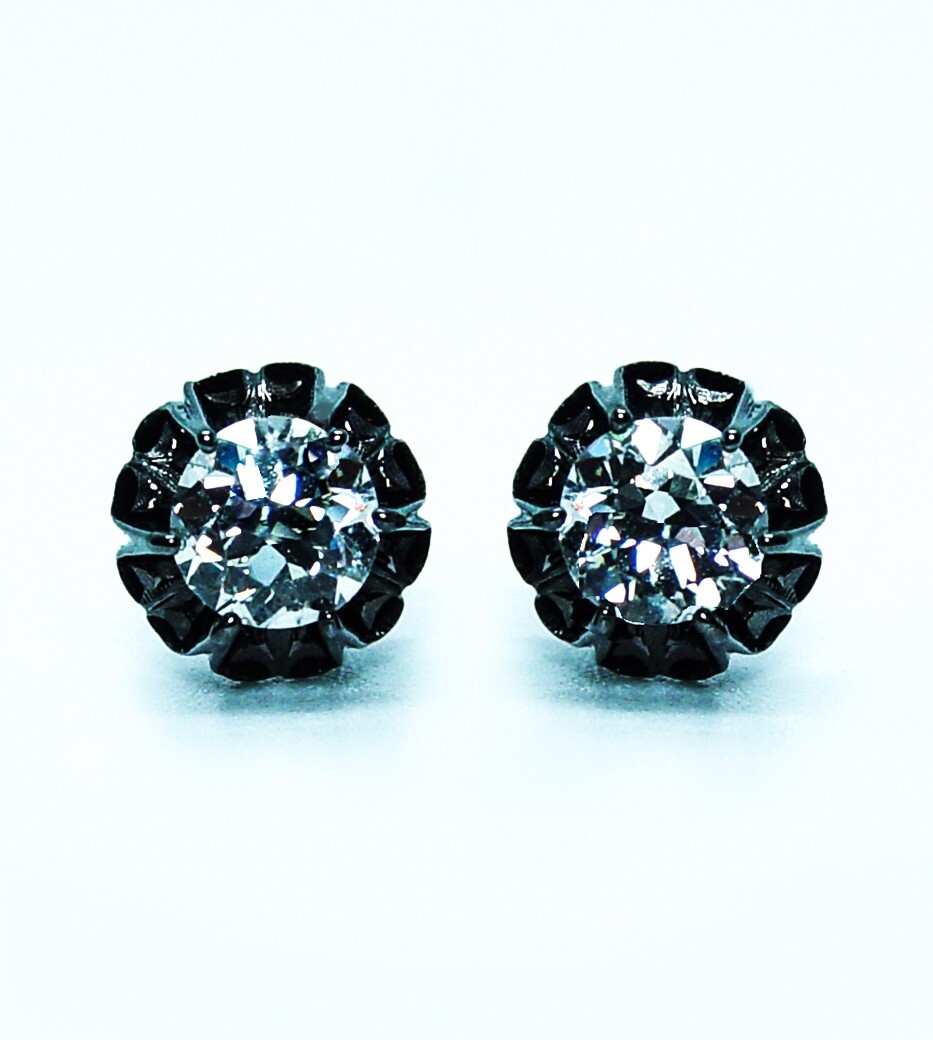 Antique Old European cut Diamond Stud Solitaire Earrings 14K Gold 1.1ct
