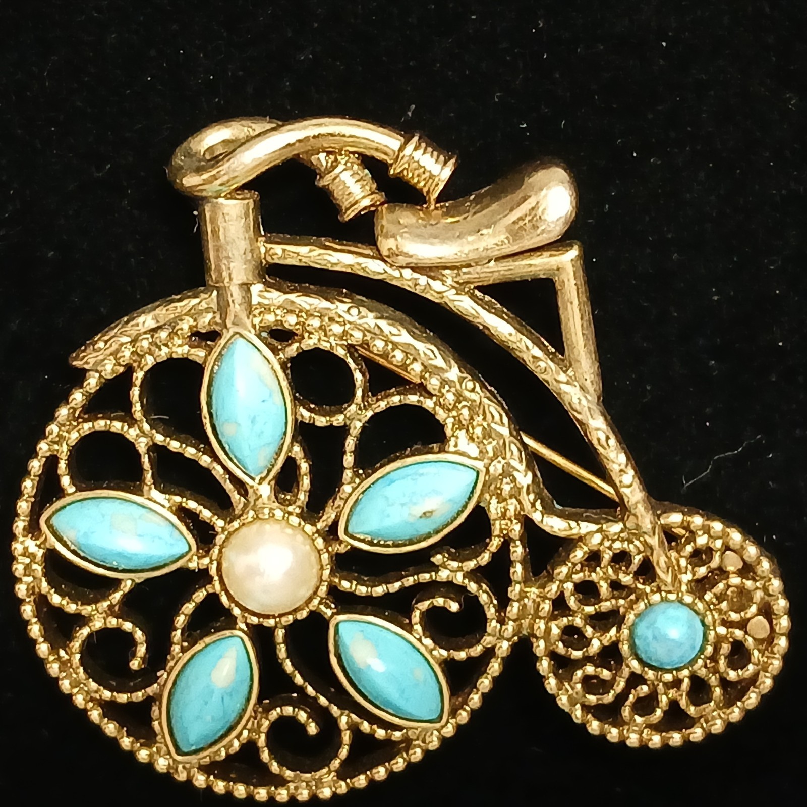Vtg Whimsical Bicycle Brooch Pin Faux Turquoise Cabochons Nostalgic Unique