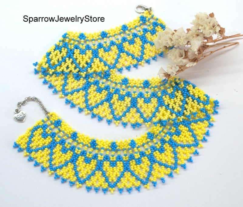 Blue yellow seed bead choker Czech glass bohemian necklace Ukrainian sylianka