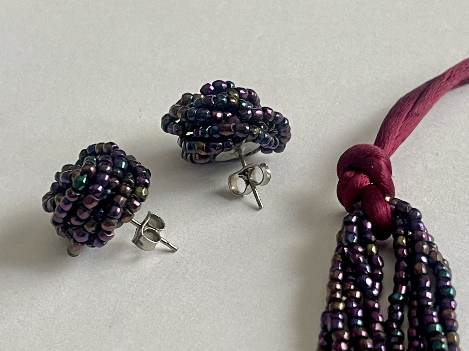 Vintage Multi-Strand Purple Peacock Seed Bead Choker Necklace Matching Earrings
