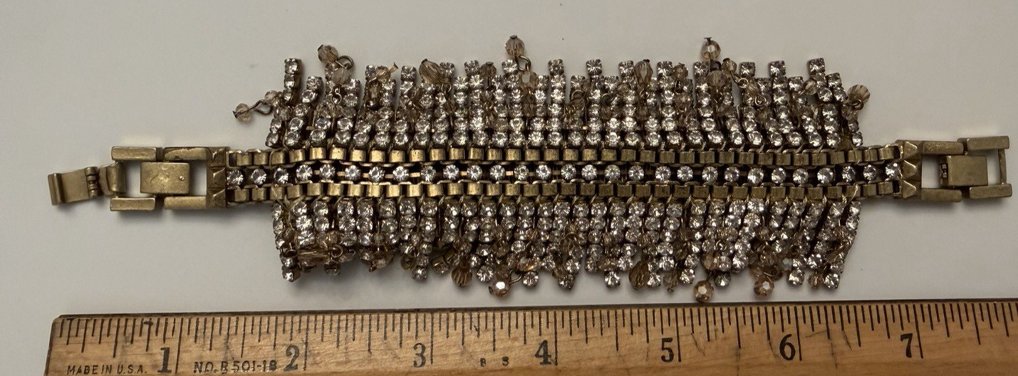 Vintage S&D Rhinestone Statement Bracelet Bronze Tone Multi Row Clear Stones