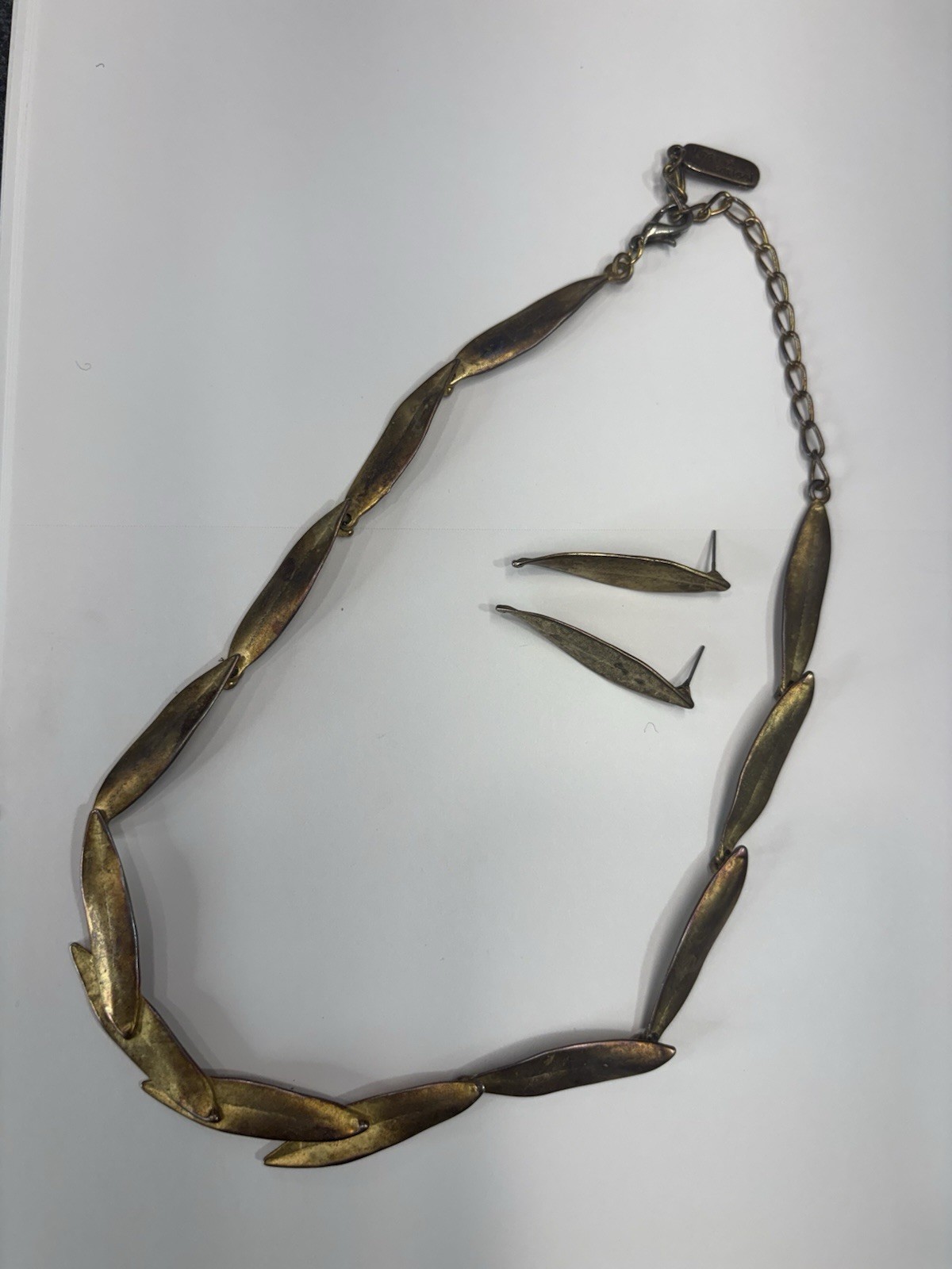 VTG Virginia Parissi Brutalist Leaf Necklace Earrings Set Bronze Tone Modernist