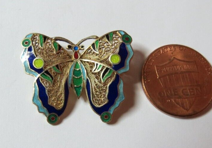 VTG ENAMEL 925 STERLING SILVER GOLD PLATED MULTICOLOR BUTTERFLY PIN BROOCH