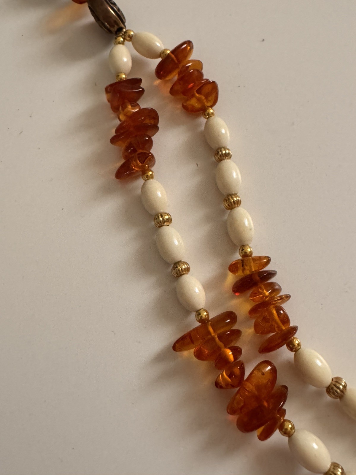 Vintage Lee Sands Double Strand Amber Bead Necklace Heart Spacer Boho Coastal