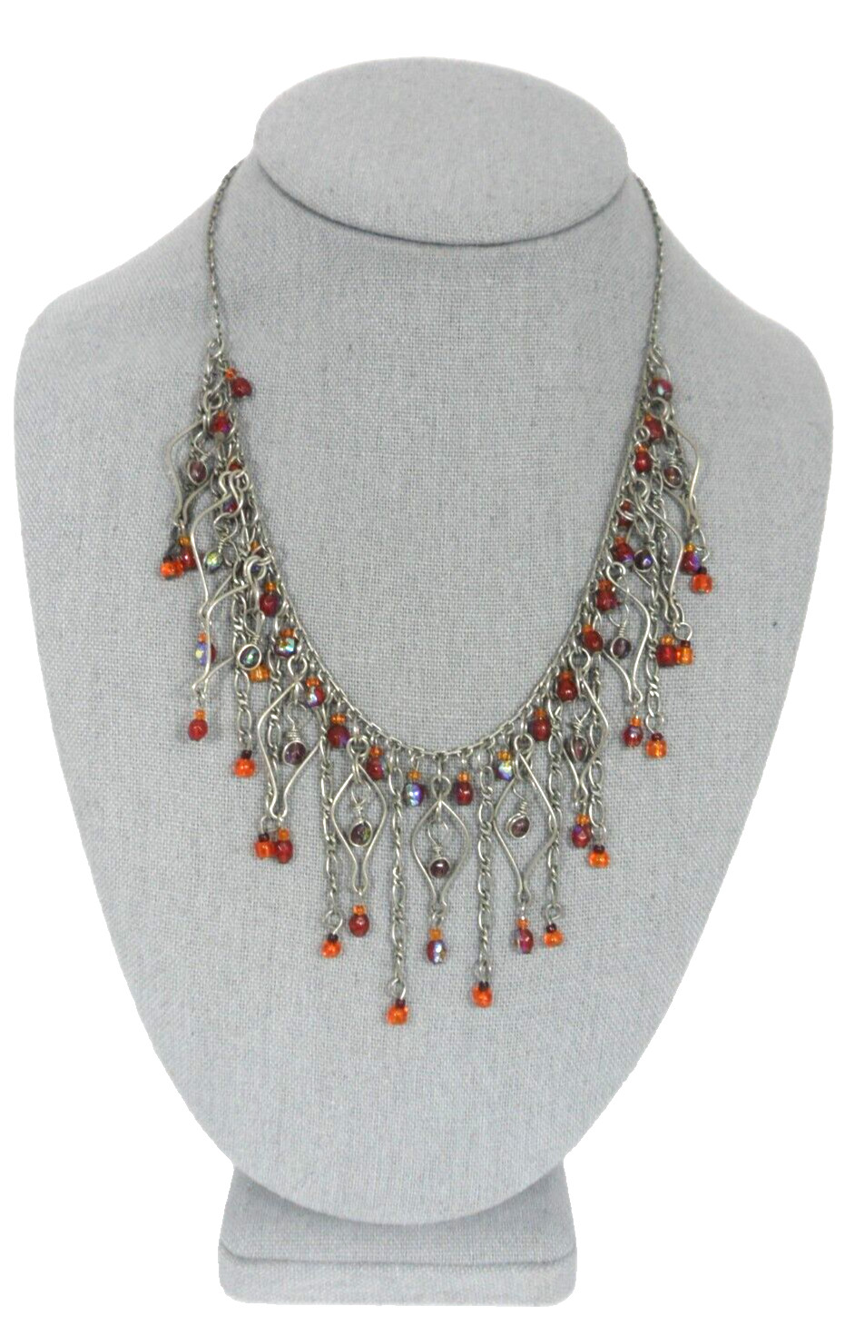 Beaded Bib Necklace Figaro Chain Fringe Marquise Shaped Wire Motifs Gypsy Boho