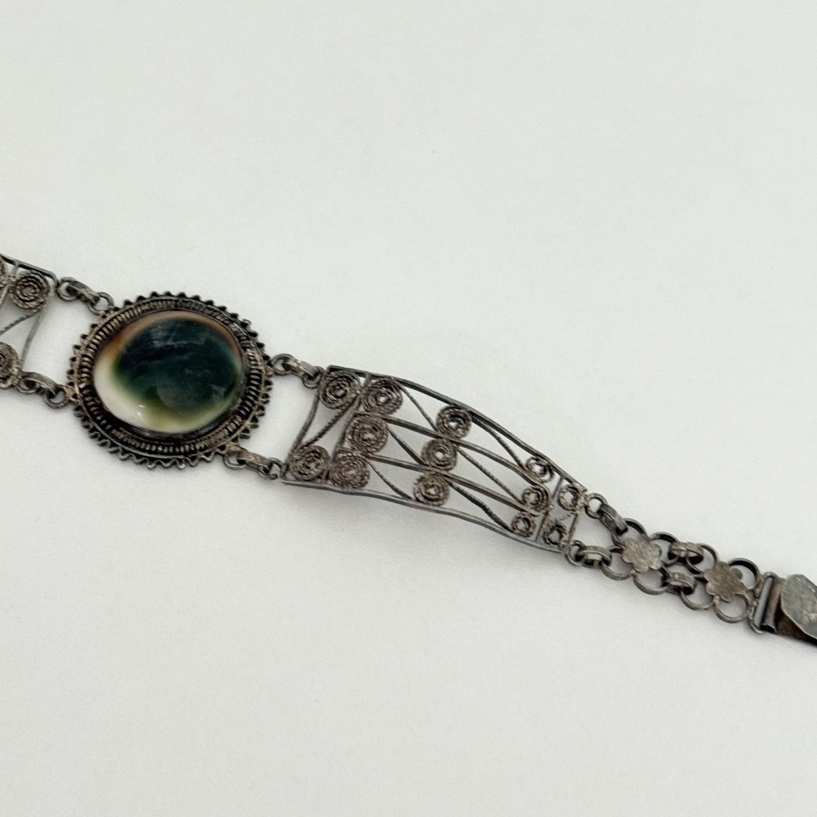 Vintage Sterling Silver Cannetille Filigree Operculum Shell Unique Bracelet 7″
