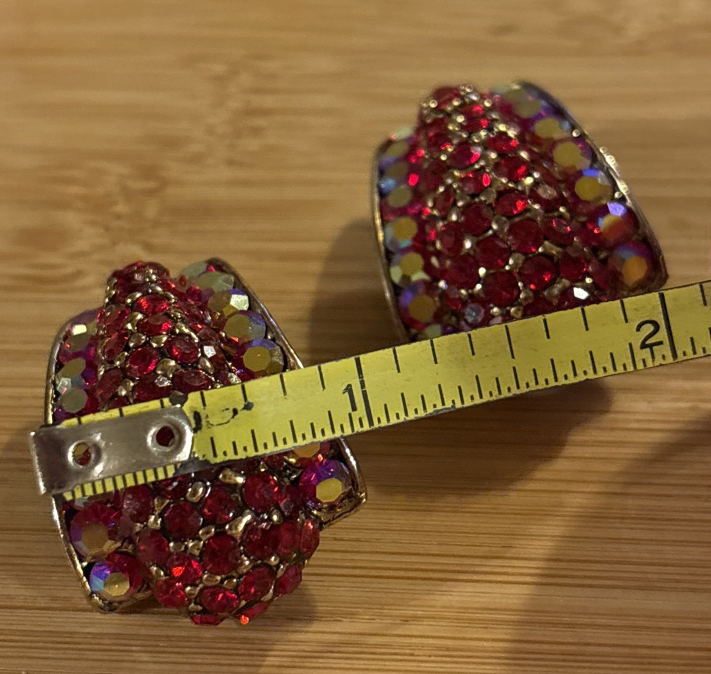 Vintage Red & Iridescent Rhinestone Clip Earrings Gold Tone