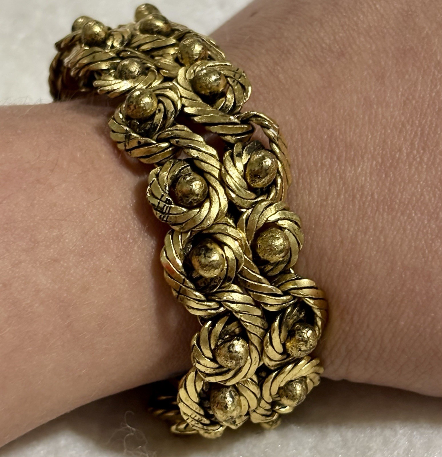HTF Vintage French Modernist Coil Bracelet Gilt Bronze Plated Woven Wire 1950s