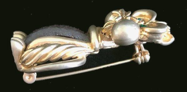 Vintage Signed ORENA PARIS Leather Inset CAT Figural Pin/Brooch,fjt