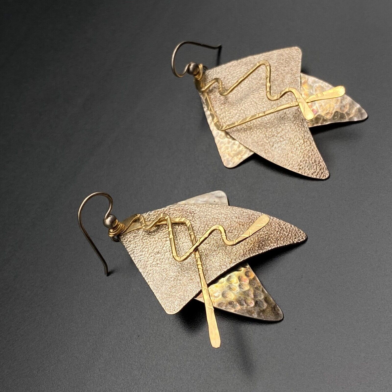 Vintage Modernist Mixed Metal Sterling Silver Dangle Earrings