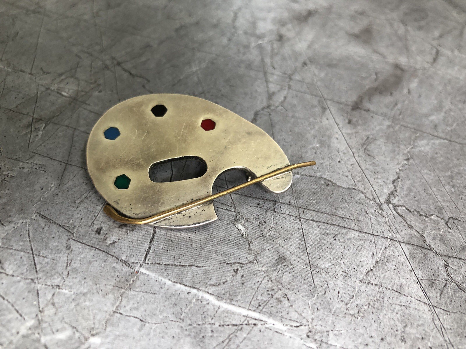 Sterling Silver Artist Brooch Pin Painter’s Pallet Brass Brush MEXICO