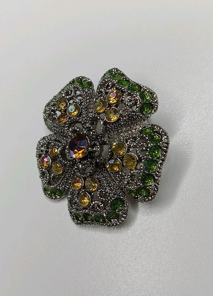 Lime Green And Yellow Rhinestone Flower Pin Brooch