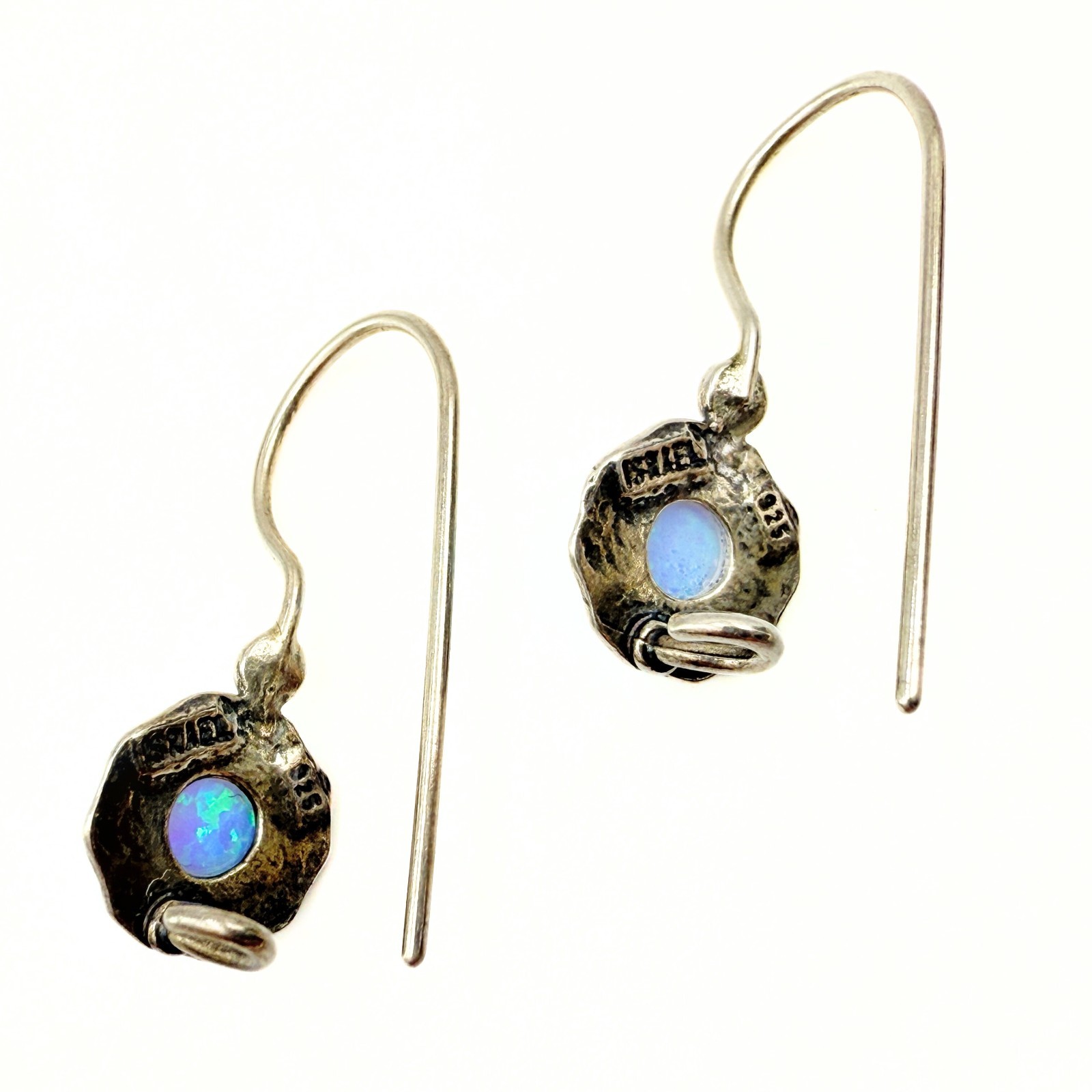 Amazing Marked Israel Sterling Silver Lab Opal Cab Dangle Earrings