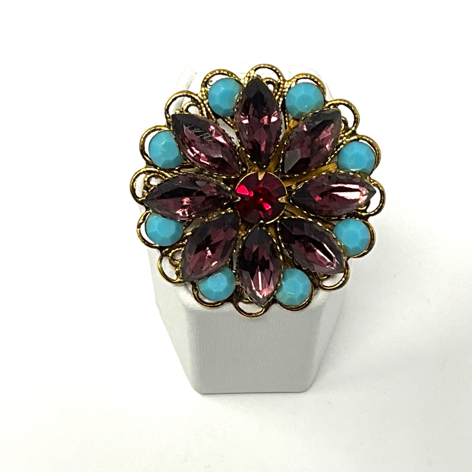 Vintage Purple and Blue Rhinestone Prong Set Brooch Pin