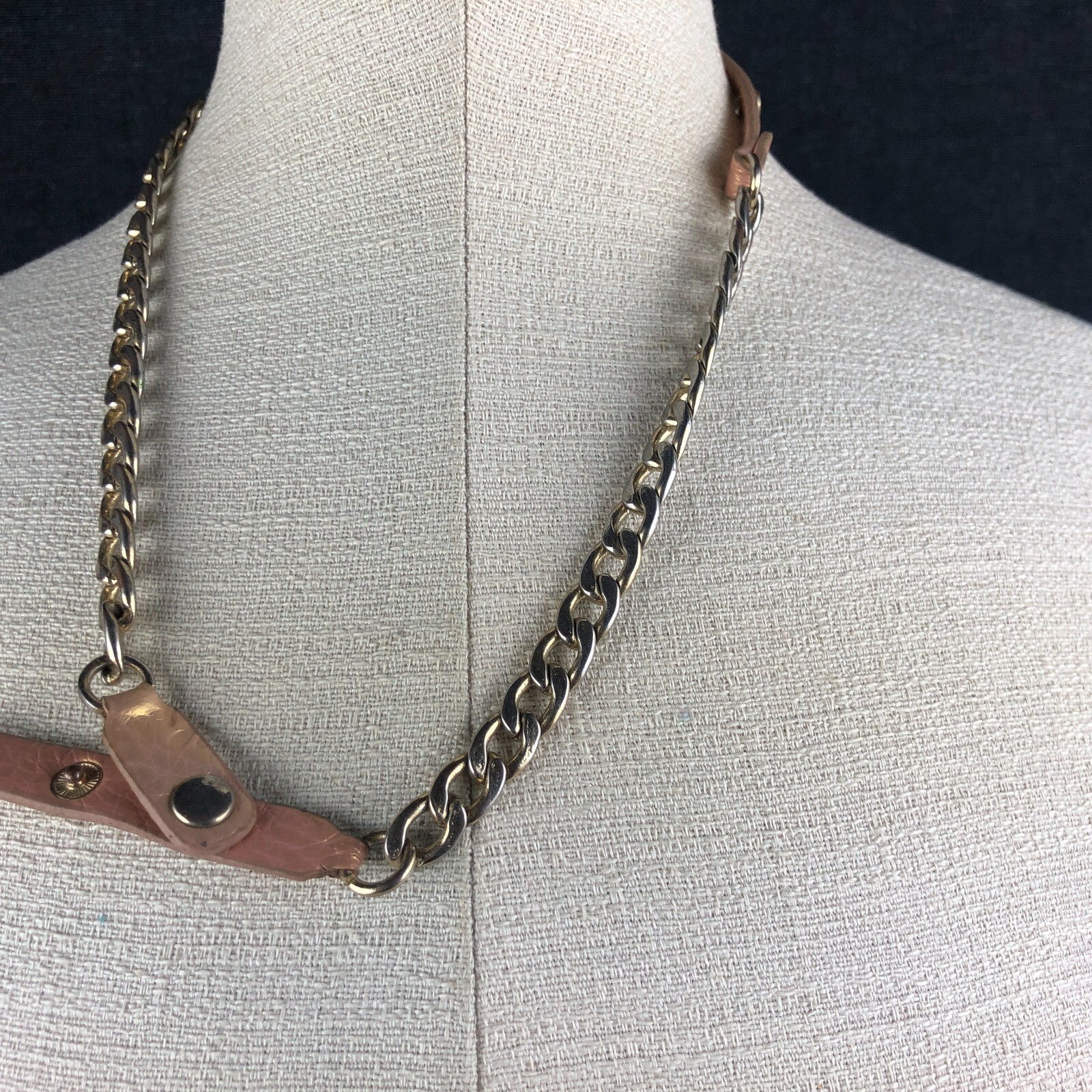 FANTASTIC Vintage Leather Rhinestone Chain Link Dog Collar 90s Rock Gothic 22″