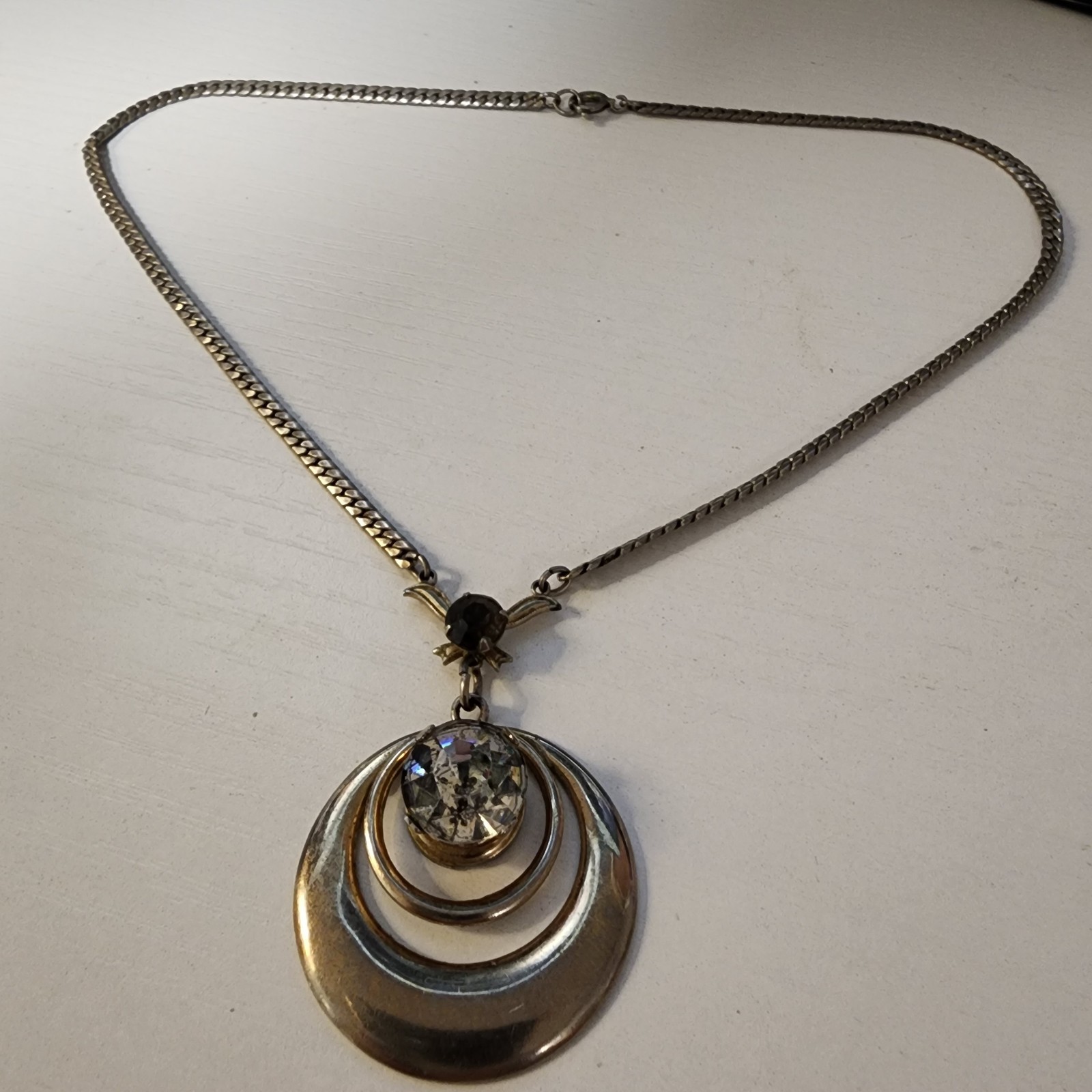 Vintage Silver Tone With Large Faux Diamond Black Rhinestones Necklace 2 Circles