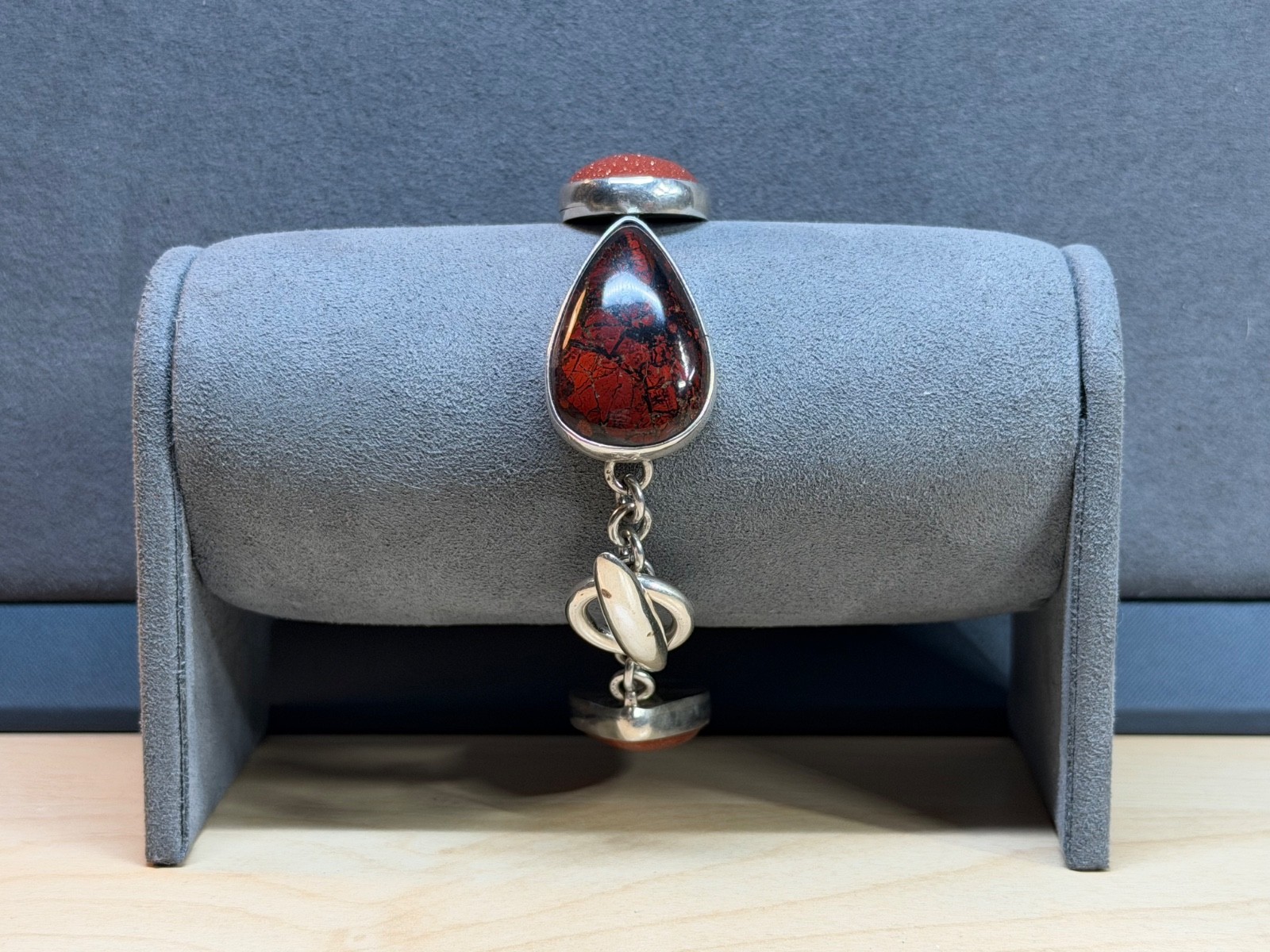 Vintage LOS CASTILLO Mexico Sterling Silver Red & Poppy Jasper Cabochon Bracelet