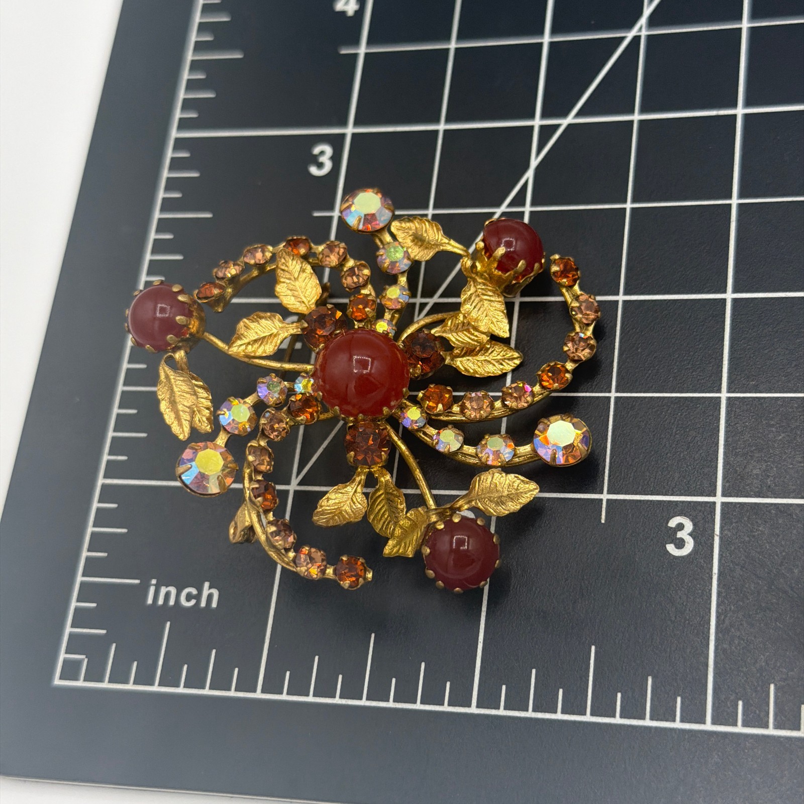 Vintage 1950s Austrian Red Cabochon Brooch — Layered Floral Spray