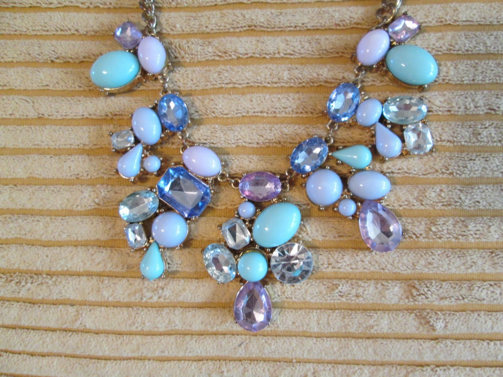 Turquoise blue pink and purple cz and lucite gold tone 20″ statement necklace
