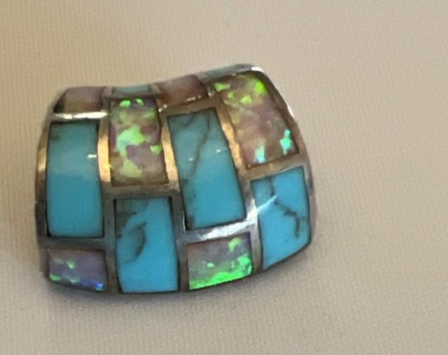 Opal and Turquoise inlaid in Sterling Silver Slide Pendant 3/4”
