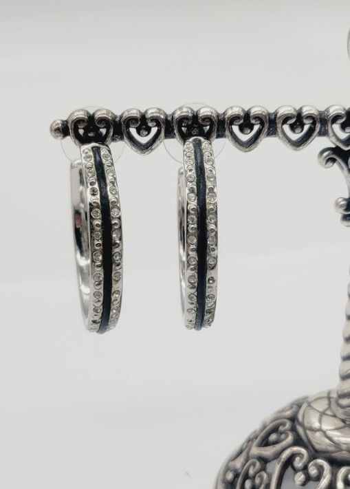 Nine West Hoop Earring Silver Tone Black with Crystal accent Pierced 1.5 in