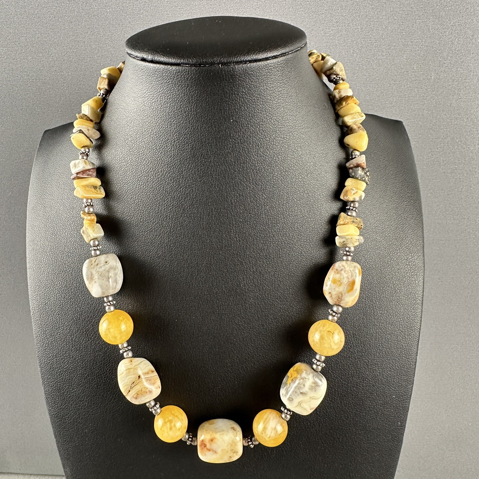 Vintage CW Sterling Silver Stone Bead Necklace Yellow Gray 16″