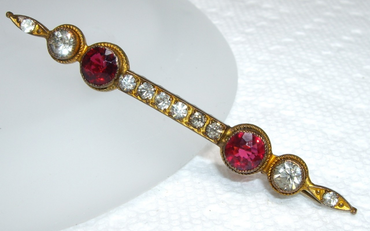 1890’s VICTORIAN I. Michelson Simulated Ruby & Diamond Paste Rhinestone Bar Pin