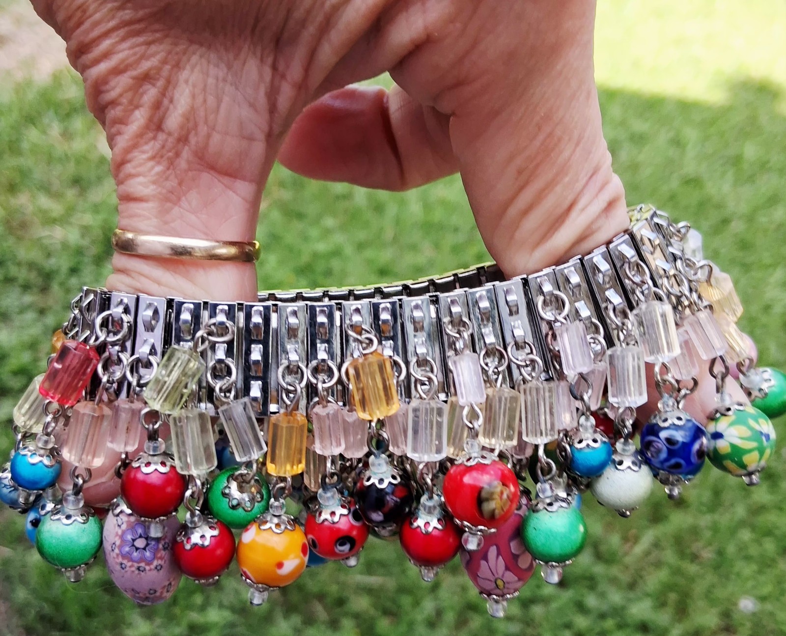 Vtg Cha-Cha Charm Bracelet Millefiori Venetian Glass Clay Crystal Beads Stretch