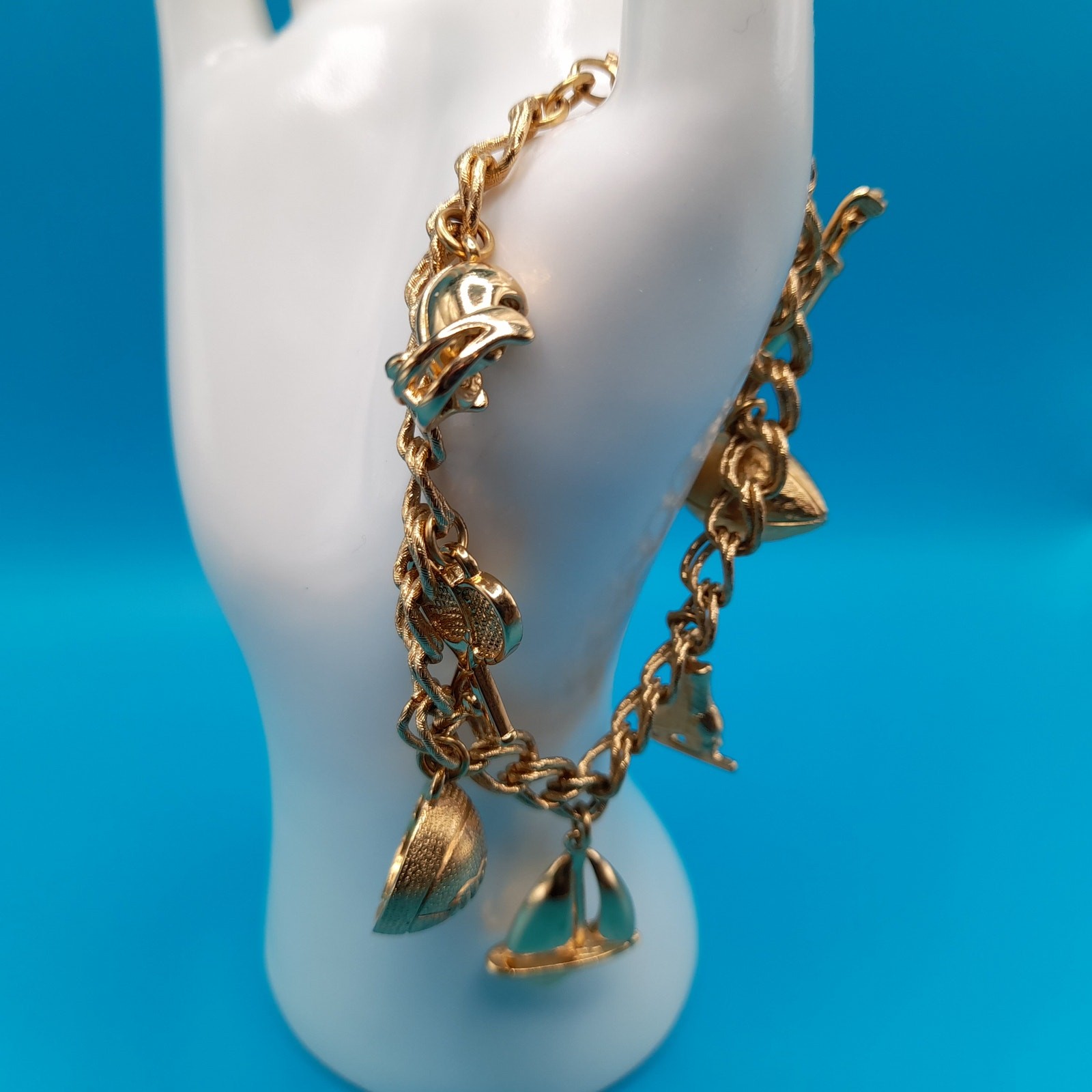 Vintage Monet Charm Bracelet Sports Theme Gold Tone Sister Clasp