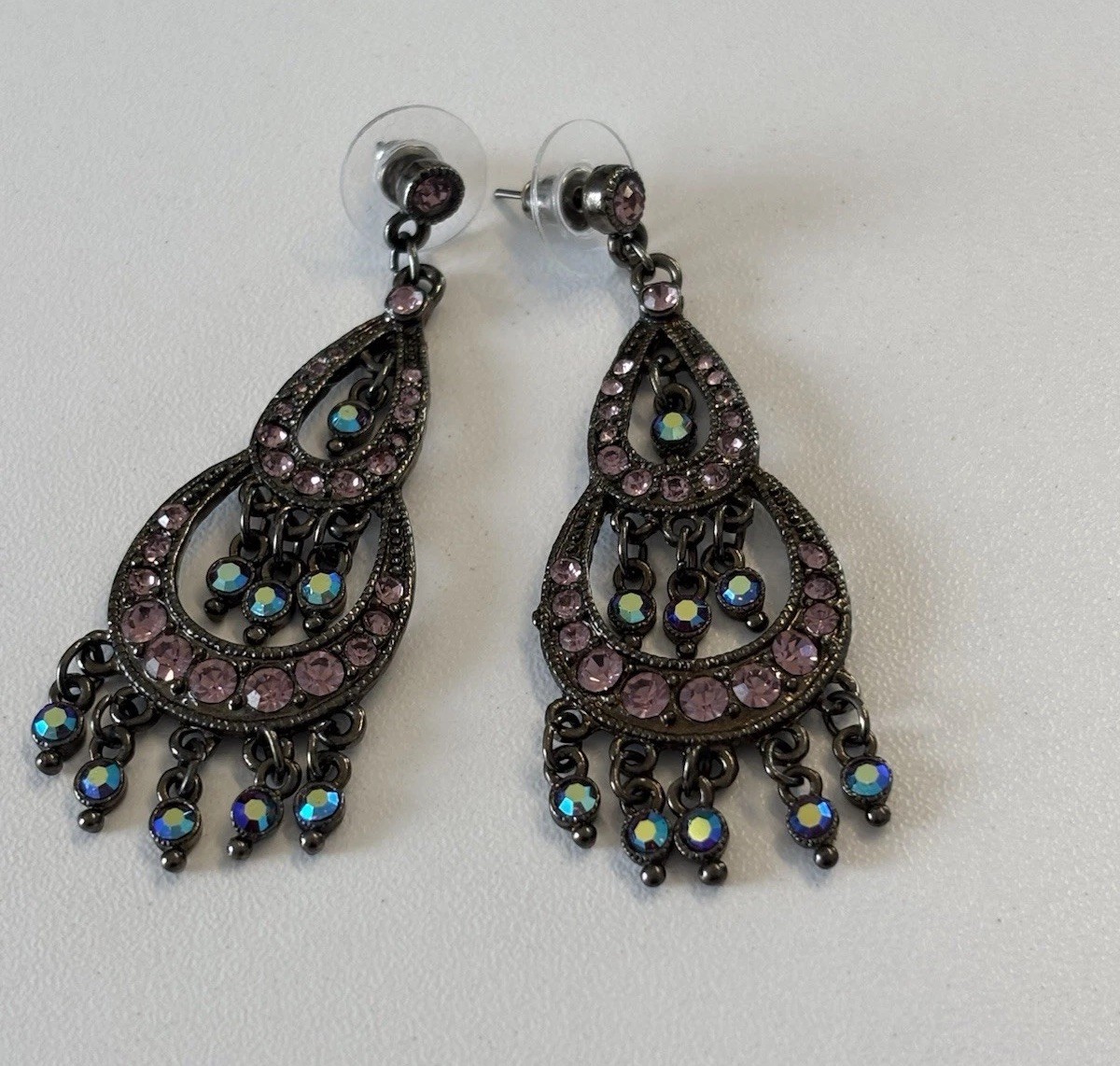Vintage Gunmetal Pink Rhinestone Chandelier Earrings Aurora Borealis Drop Post