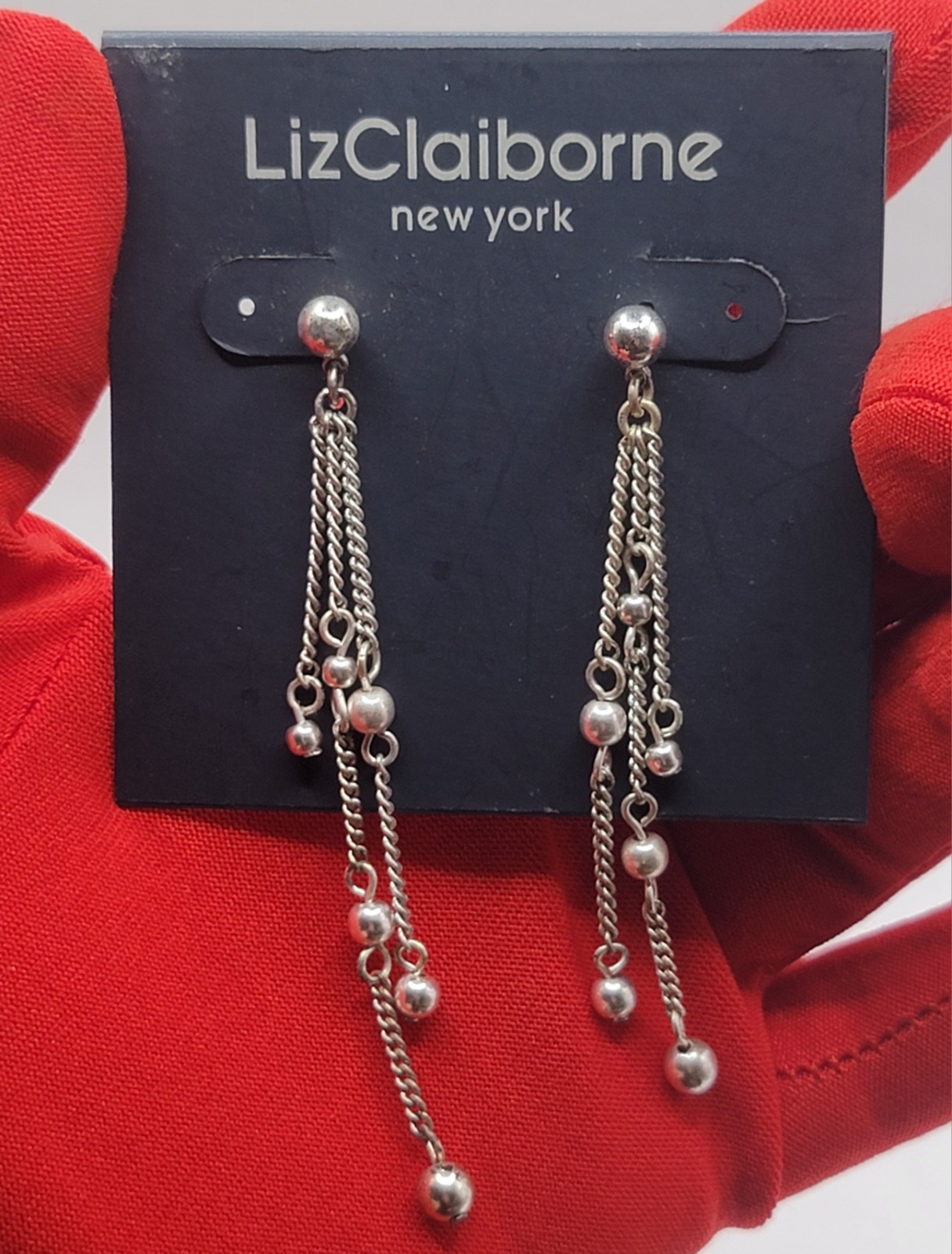 New Vintage Liz Claiborne Silver Tone Multi Strand Dangle Earrings Drop Chain 3″