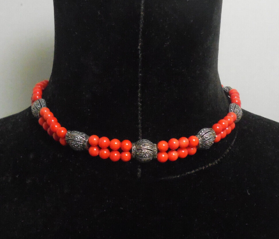 Vintage Sterling Silver Marcasite Coral Beads Necklace