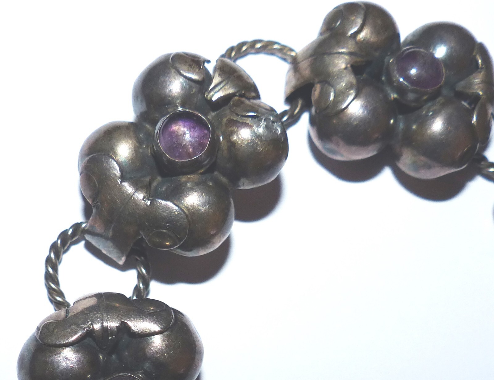Mexican Silver Amethyst Bracelet With Slver Rope Links Vintage