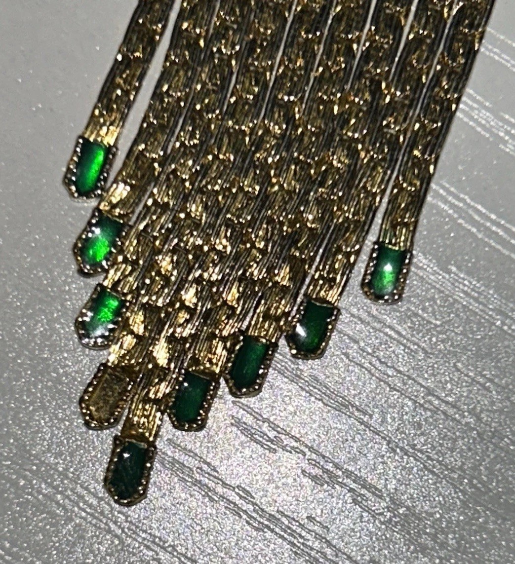 Vintage 1865 Signed Egyptian Revival Green Enamel Fringe Tassel Necklace 60s 64g