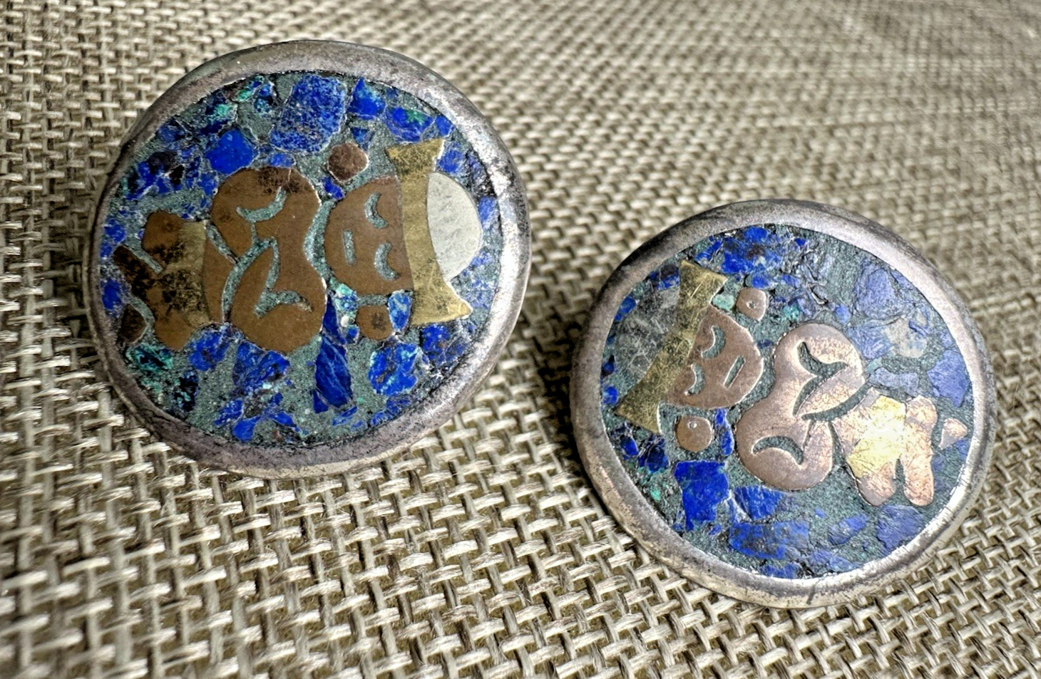 VTG Nestor Aztec Mixed Metal Sterling Hardstone Inlay Screw Back Earrings