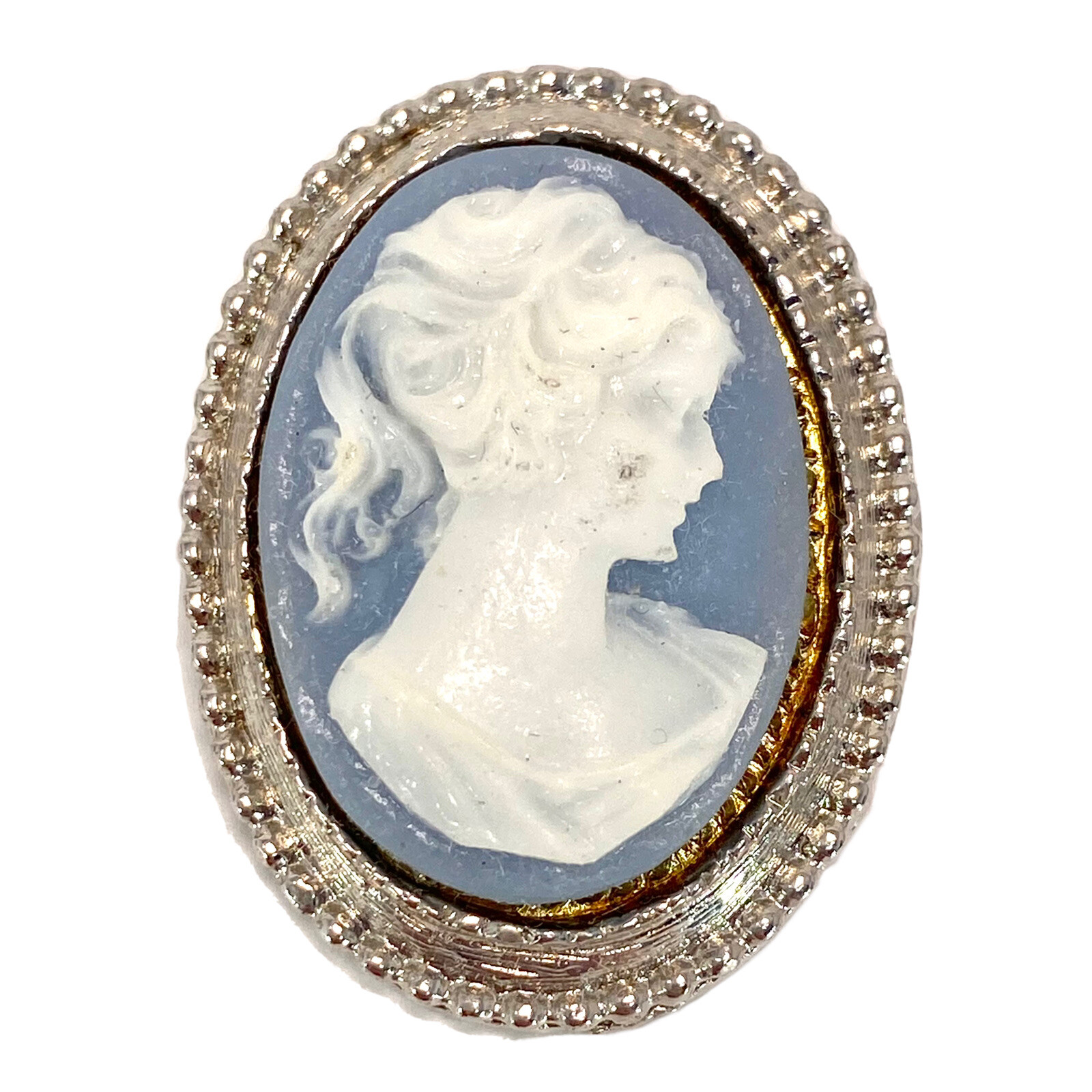 Vintage Tacoa Blue CAMEO Silvertone Oval Brooch Pin in Original Box