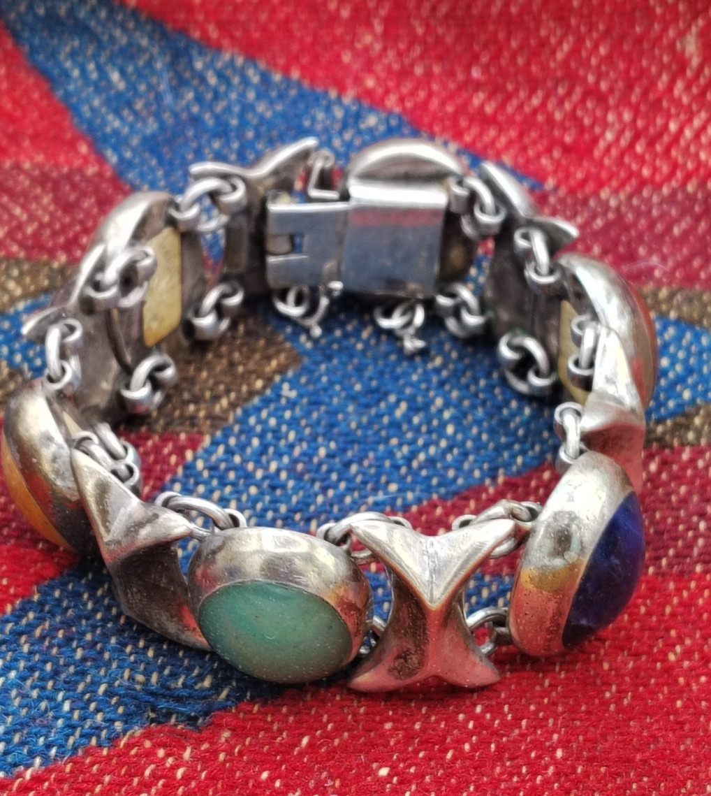 Vintage Mid Century Sterling and Multi Stone Mexico Bracelet