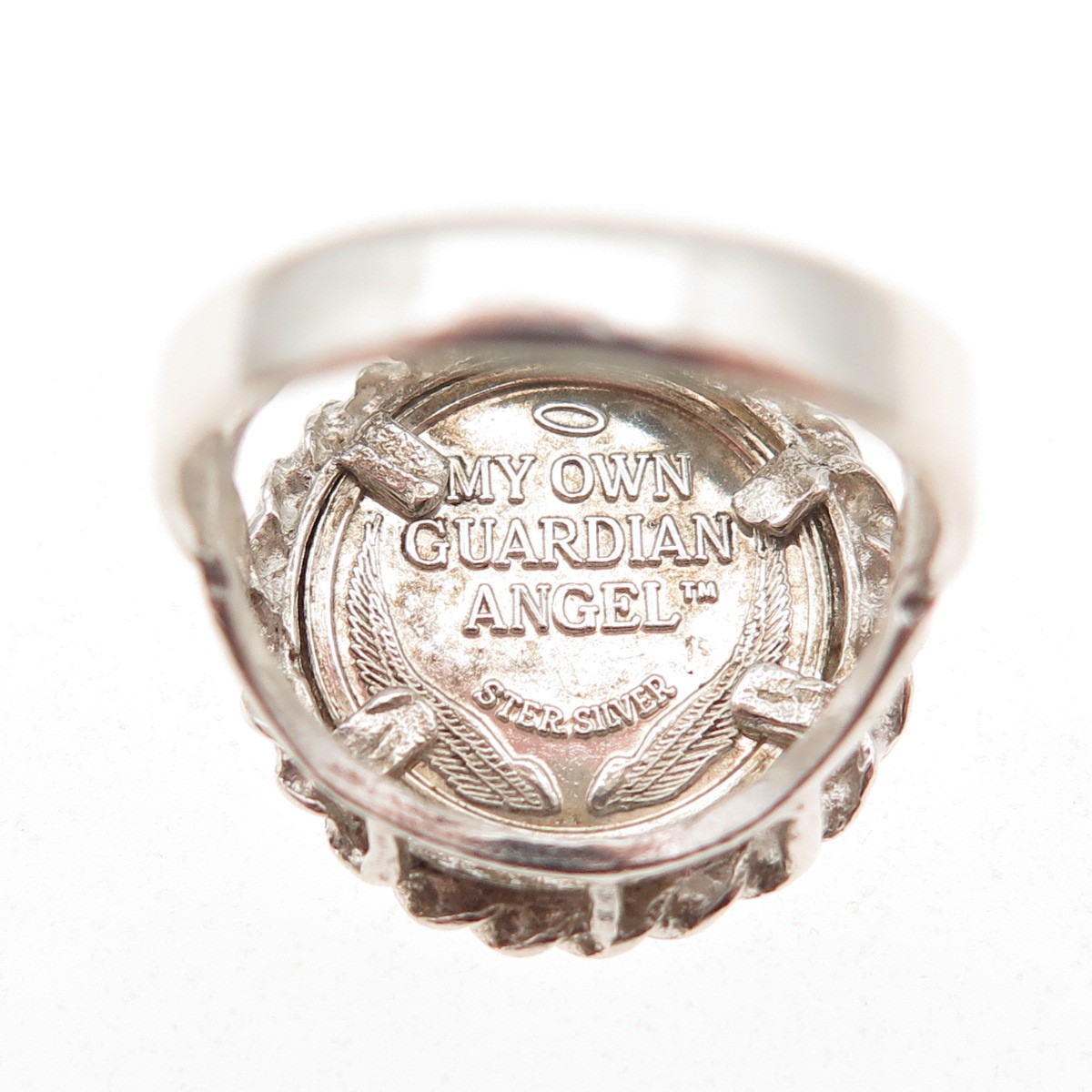 925 Sterling Silver Vintage Guardian Angel Coin Oxidized Ring Size 5.5