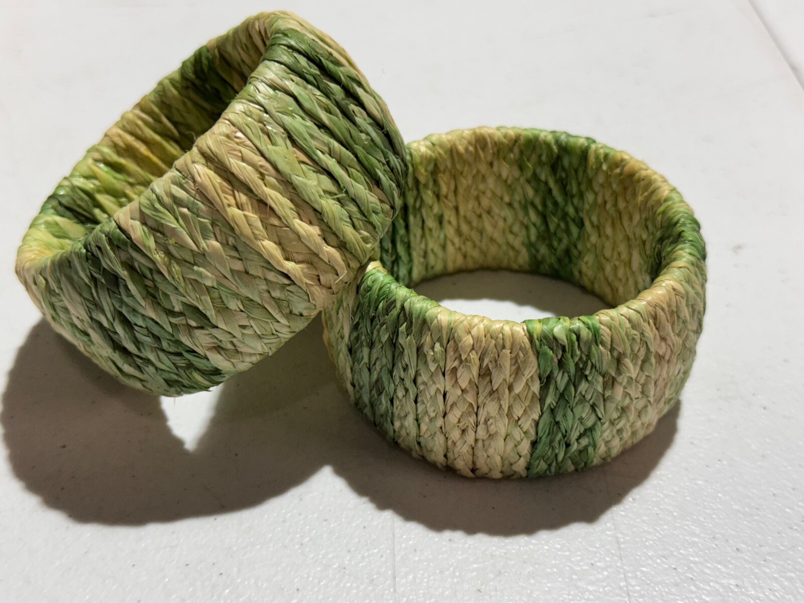Vintage CHUNKY WOVEN green off white bangle bracelet Set of 2