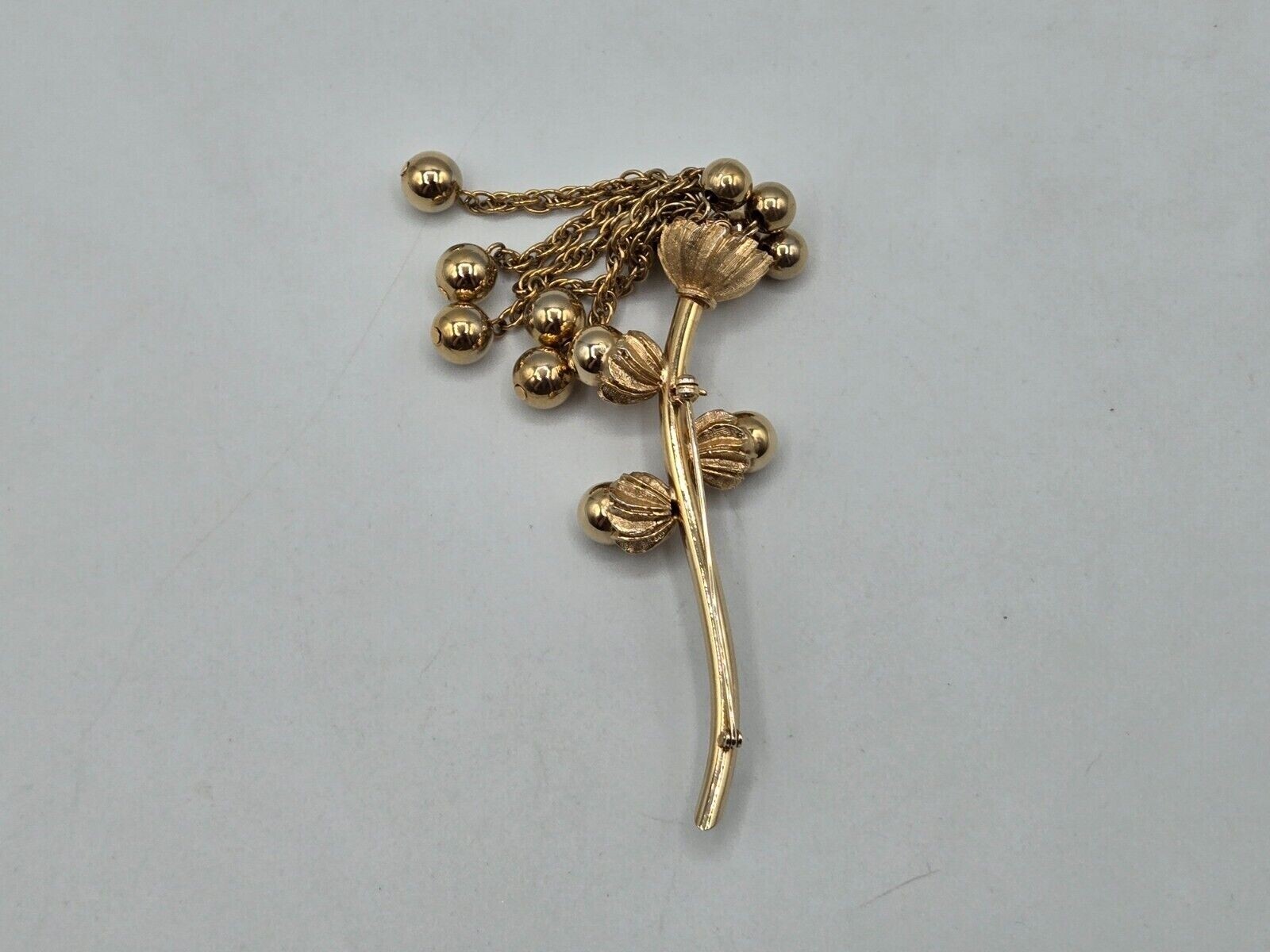 Flower Stem Brooch Gold Tone W/ Chain Tassels & Beads Unsigned Large 3D