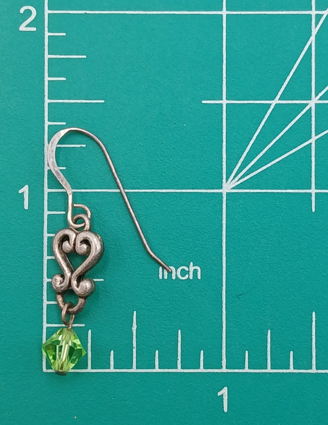 VTG 925 Green Bicone Crystal Earrings 1.25in Drop Sterling Silver Heart Scroll