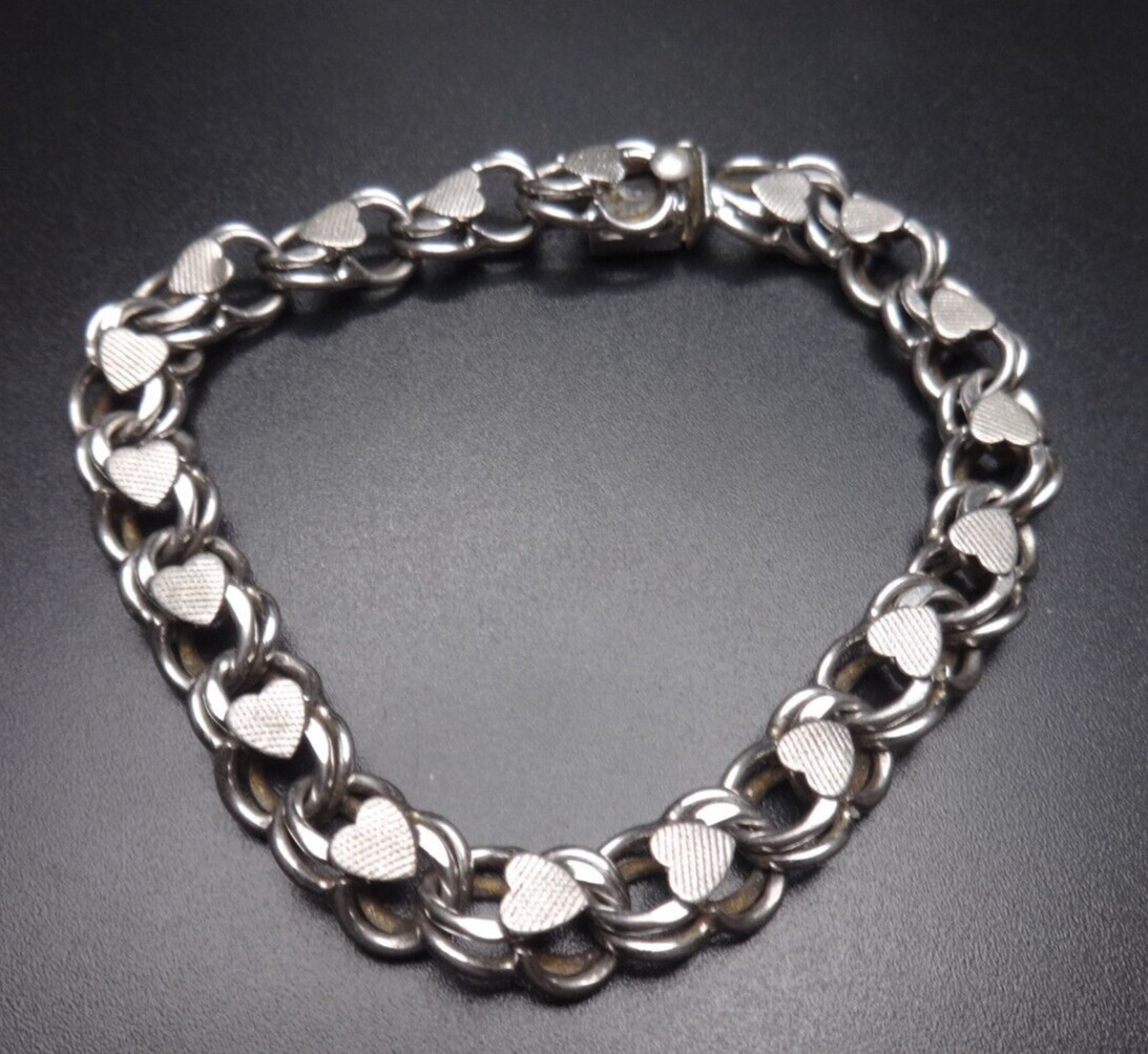 Vintage 925 Sterling Silver Heart Starter Charm Bracelet 7″