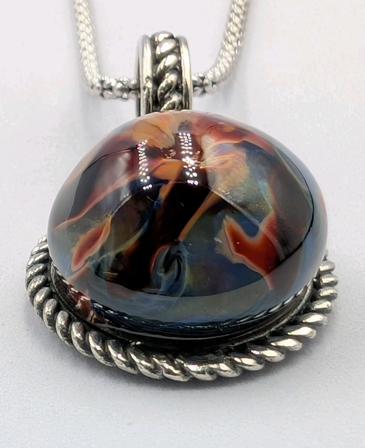 Vtg Sterling Silver Multi Color Art Glass Dome Pendant 18″ Popcorn 925 Necklace