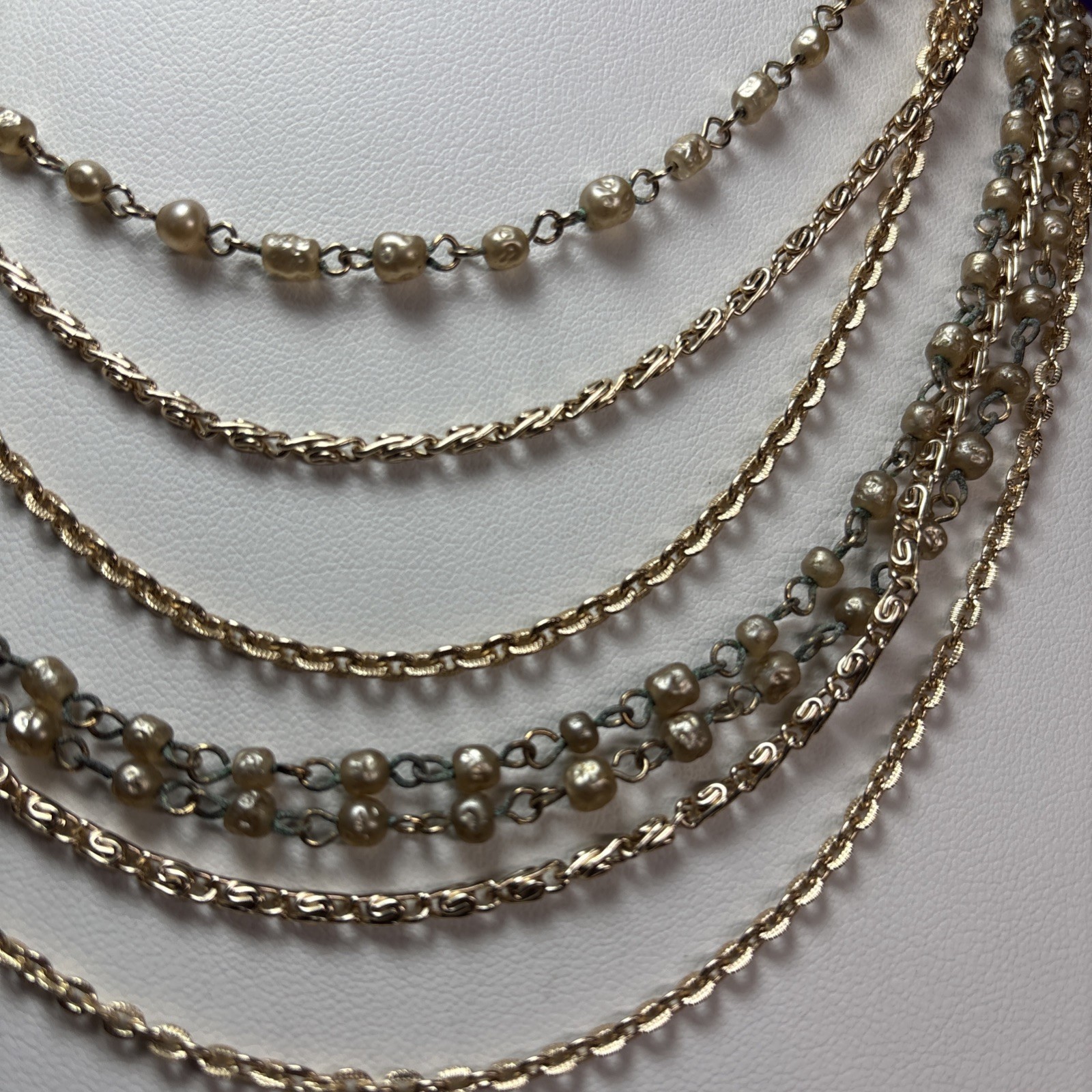Vintage Multi-Strand Layered Gold Chain W/Faux Pearls Drape Necklace N34