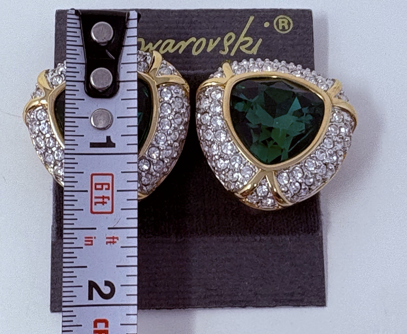 Vintage Swarovski SAL Emerald Green Crystal Pavé Clip Earrings Signed on Card