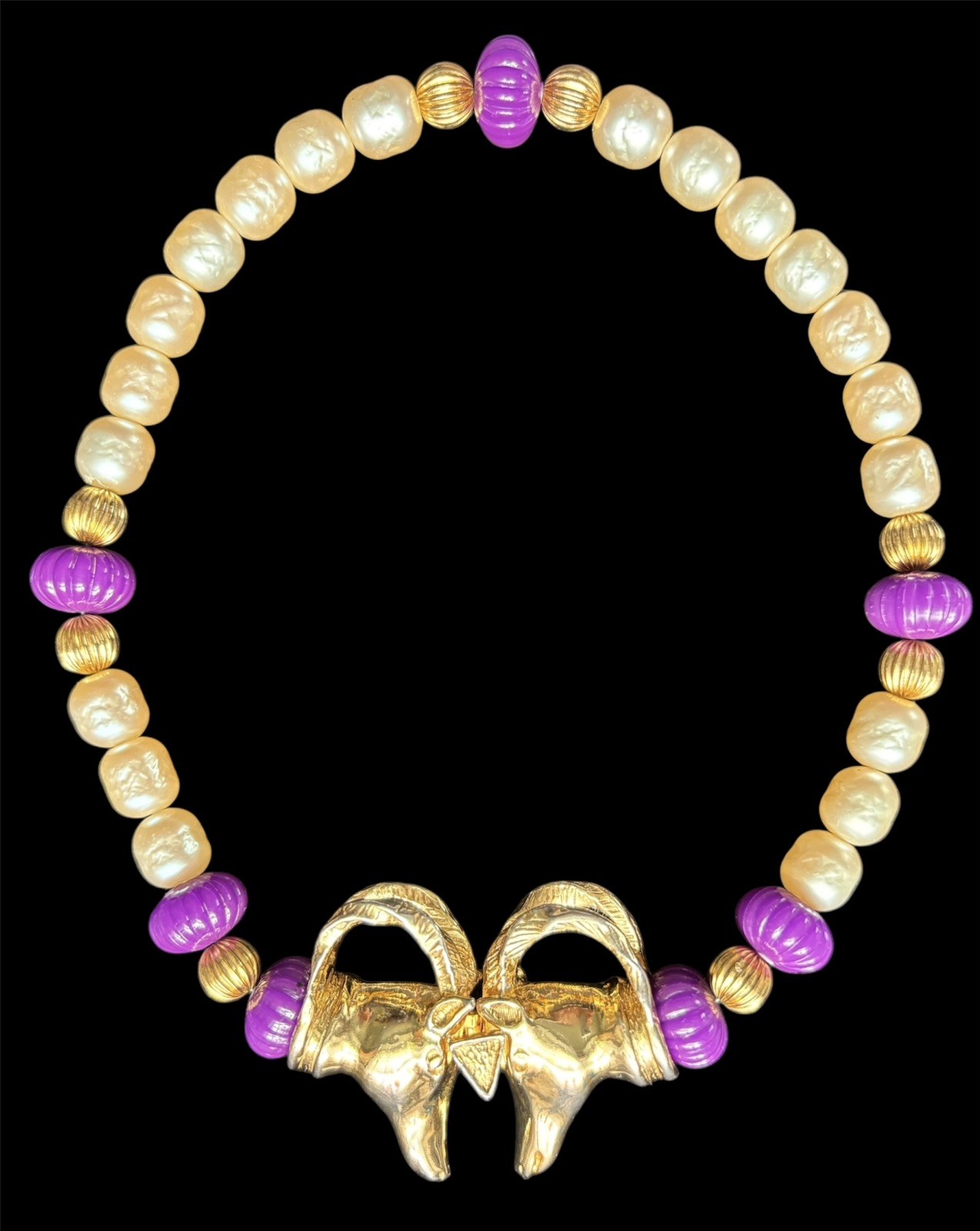 Vtg Gay Boyer Rams Signed Faux Pearl Gold Tone Beaded Choker Necklace 15.5”