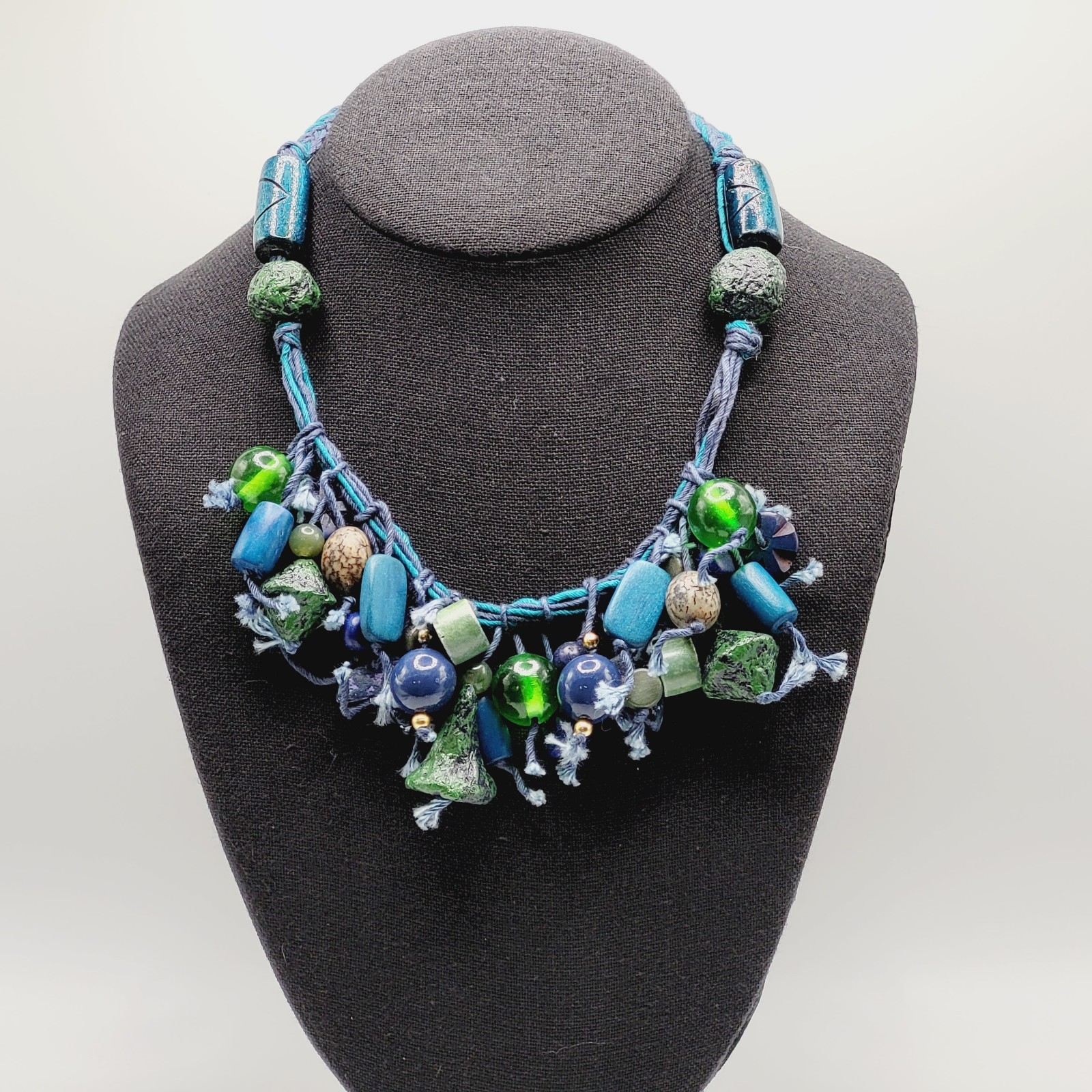 Eclectic Artsy Artisan Braided Cotton Mixed Material Beaded Vintage Necklace