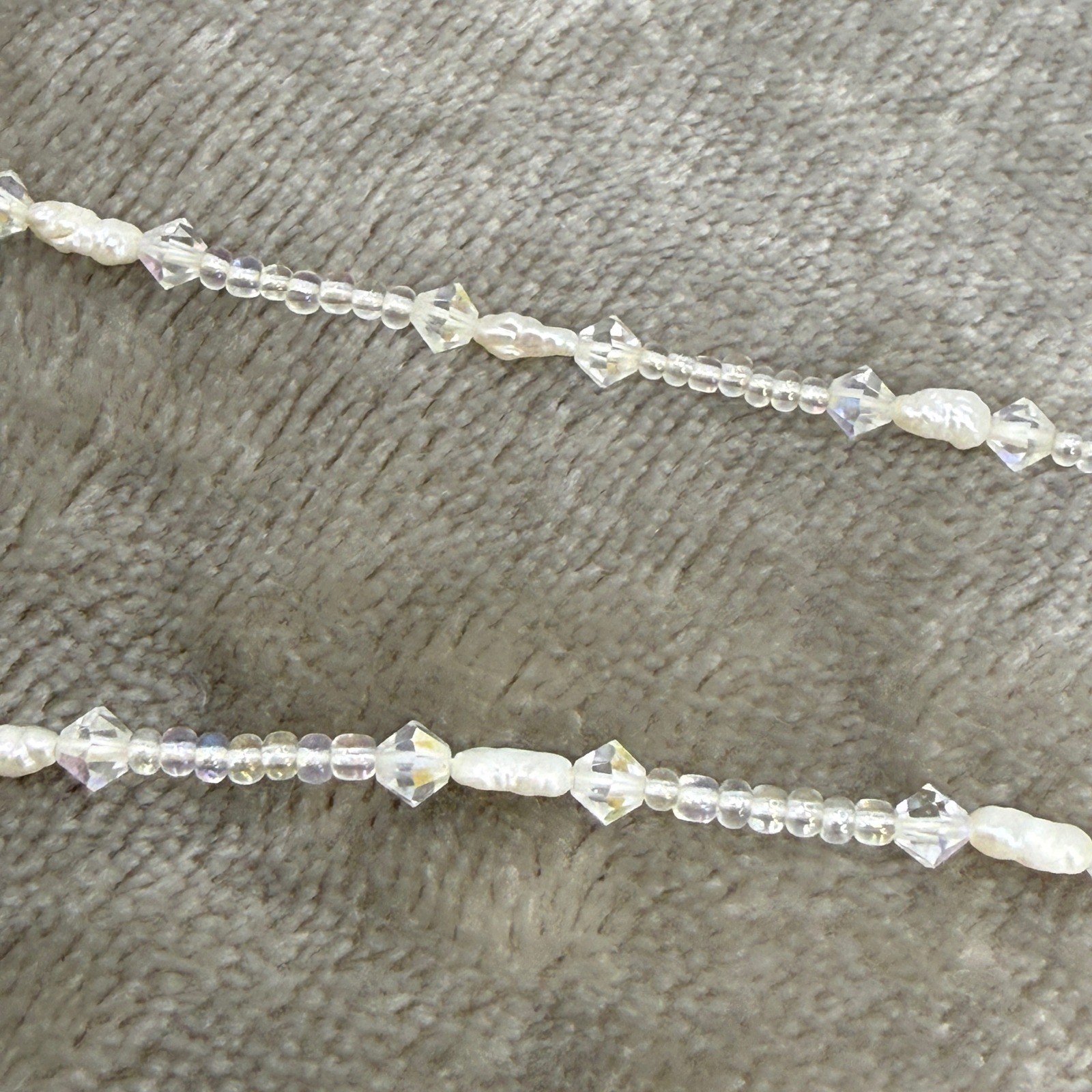 Vintage Frosted Glass AB Crystal Pearl Beaded Necklace Filigree Clasp Iridescent