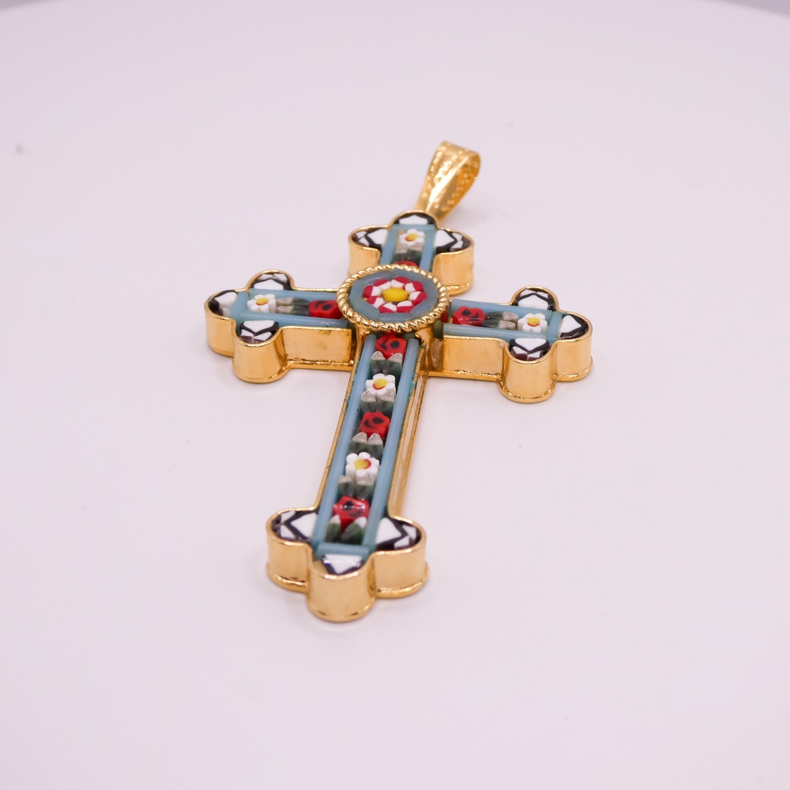 Vintage Italy Micro Mosaic Made In Italy Blue 2.7″ Large Gold Cross Pendant