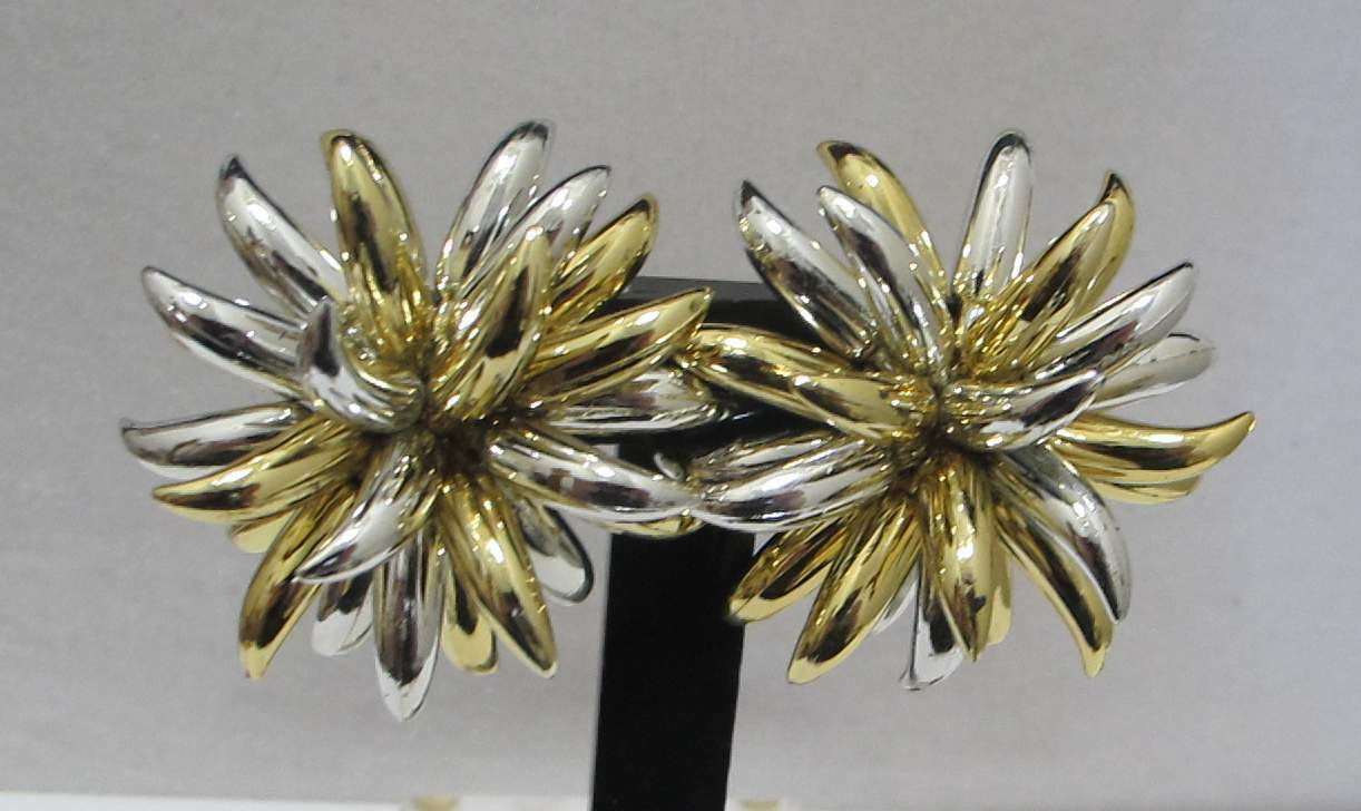 Huge 2-3/8” Diameter 1-1/5” Tall 2-Tone Gold Silver Tone Fireworks Clip Earrings